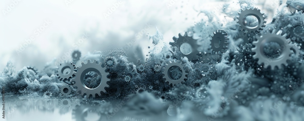 Poster futuristic generative ai technology - abstract gray gears and tech elements on white background