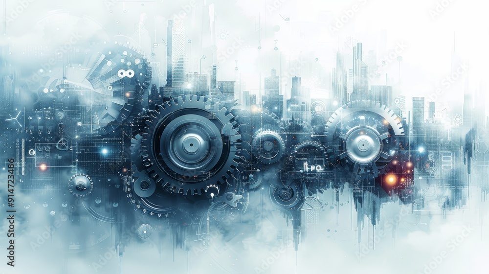 Poster futuristic generative ai technology concept with abstract gray gears on white background