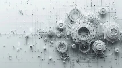 Digital Tech Evolution: Gray Gears and Technology Elements on Abstract White Background with Generative AI Concept