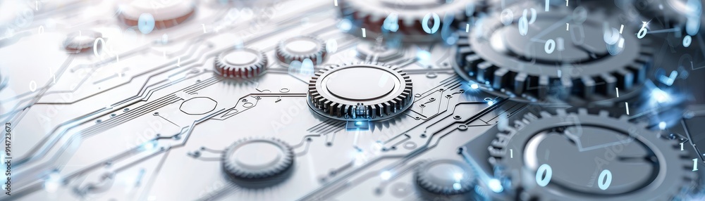 Poster futuristic generative ai technology concept with abstract gray gears on white background
