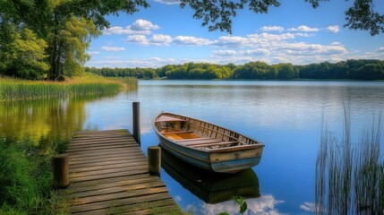 Obraz premium A serene lakeside view with a wooden dock and a rowboat
