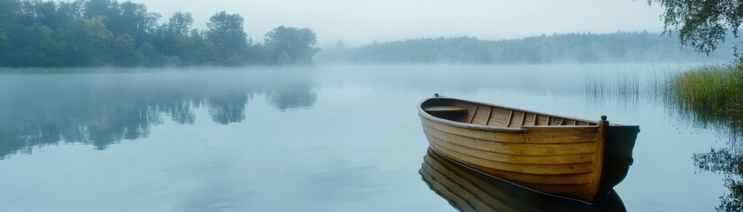 Obraz premium A serene lakeside scene with a rowboat and a misty morning
