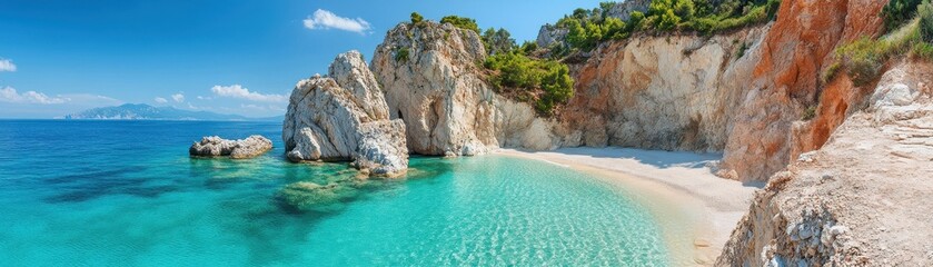 Fototapeta premium A picturesque beach with dramatic cliffs and turquoise waters