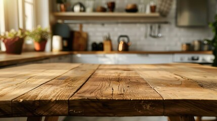 Wooden table top in blurry kitchen setting for product display or visual design.