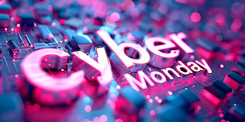 Cyber Monday is a day for online shopping. A pink and blue background with a large, bold font that reads "Cyber Monday." The font is surrounded by a metallic texture, giving the image a futuristic