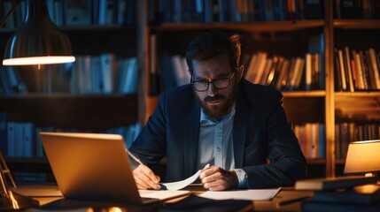 Fototapeta premium A man diligently reviews documents at his desk surrounded by books during nighttime