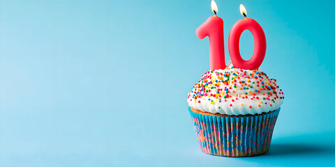 Cupcake with cream and colored sprinkles, to celebrate an anniversary or 10th birthday, red candles