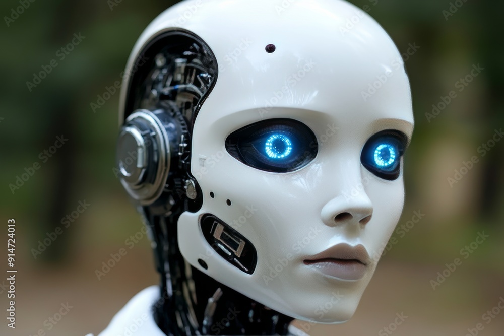 Poster hyper realistic android face with deep blue eyes a study in futuristic aesthetics and emotion
