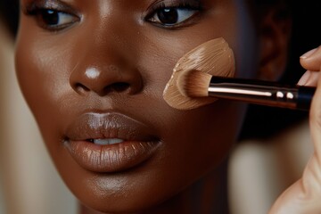 Close-up of a woman applying foundation with a brush.