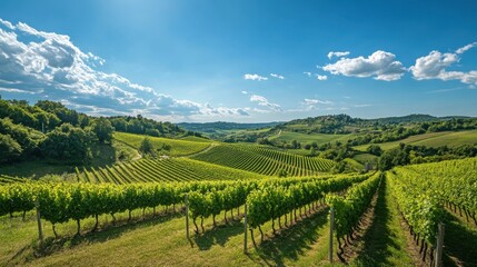 Obraz premium A picturesque vineyard with rolling hills and a bright blue sky