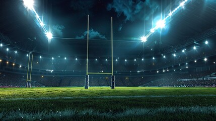 Bright Rugby Stadium Lights Illuminate Nighttime Match with Large Enthusiastic Crowd, Green Grass Field, and Rugby Goal Posts in a Photorealistic Wide-Angle View of Sports Event Atmosphere