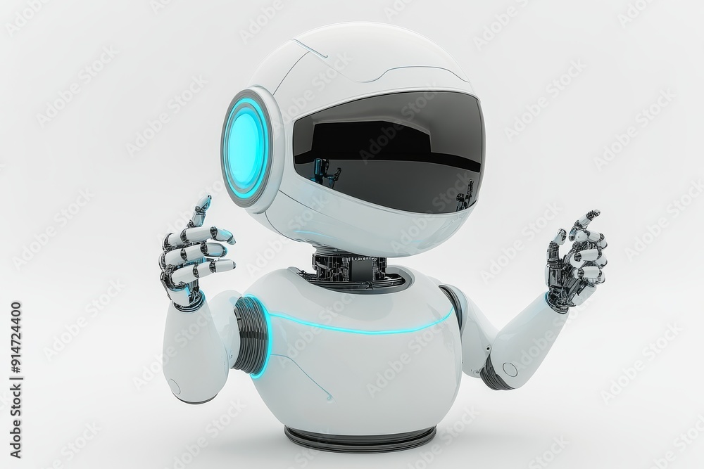 Poster playful small robot with raised hands perfect for exploring themes of ai interaction and fun