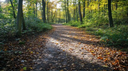 Obraz premium A tranquil forest path with fallen leaves and dappled sunlight