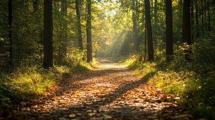 Obraz premium A tranquil forest path with fallen leaves and dappled sunlight