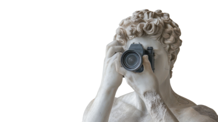 Greek sculpture with camera on transparent background