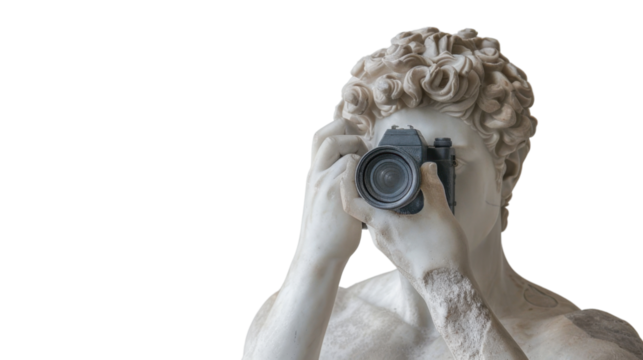 Greek sculpture with camera on transparent background