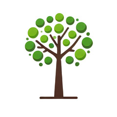 Obraz premium A simple, stylized tree featuring a slender brown trunk that splits into several branches, each supporting a cluster of vivid green on a transparent background