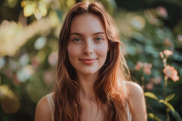 Fototapeta premium Smiling Woman With Long Brown Hair in Nature