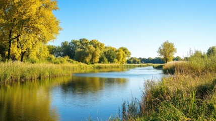 Fototapeta premium A tranquil riverbank with tall grasses and a clear blue sky