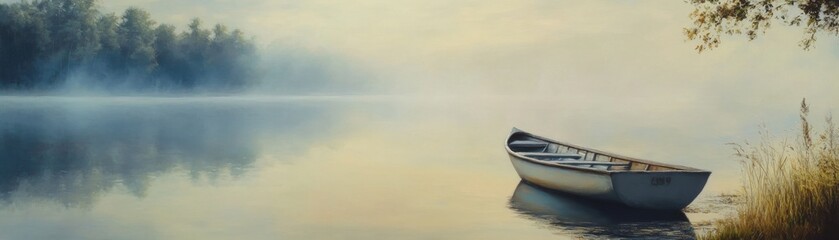 Obraz premium A serene lakeside scene with a rowboat and a misty morning