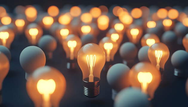 Many ideas versus one big idea, illustrated with light bulbs in a 3D render.