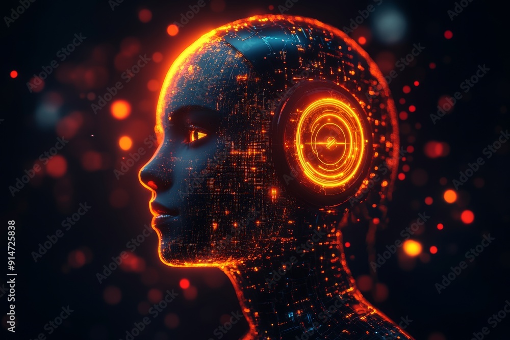 Poster cybernetic red head silhouette with digital brain exploring themes of ai consciousness and neural ne