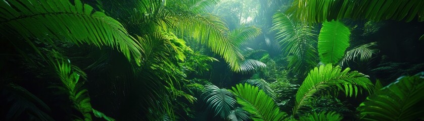 Fototapeta premium A lush tropical rainforest with a canopy of vibrant green leaves