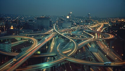 Aerial View of a Complex Highway Interchange at Night