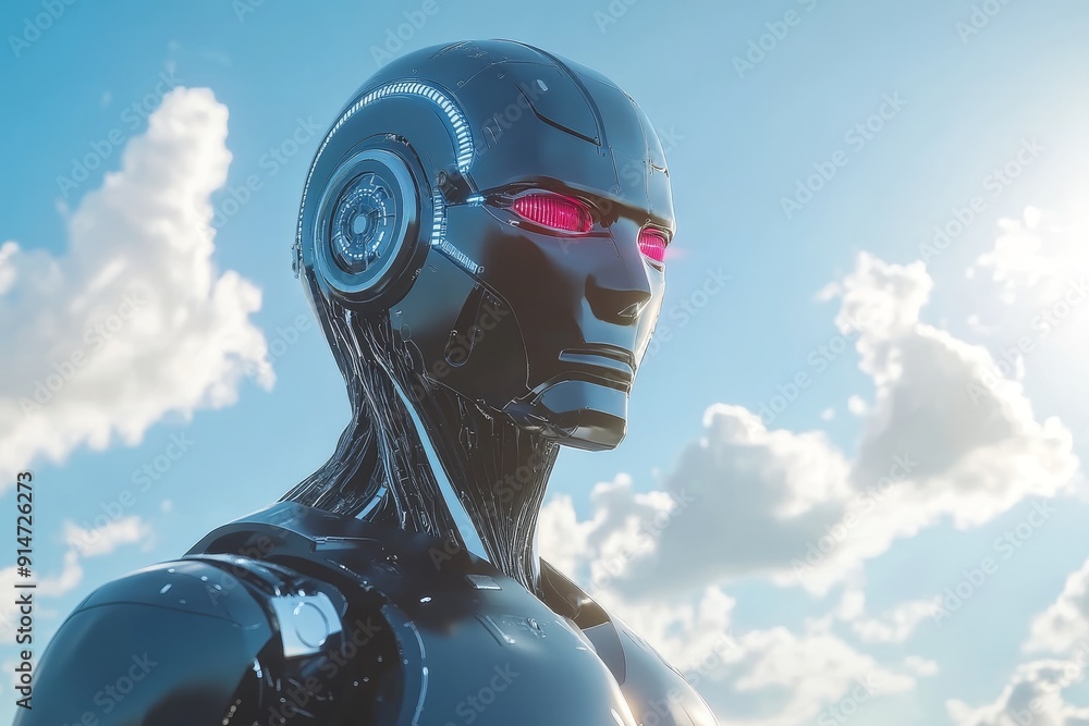 Poster standing android against cloudy sky exploring themes of freedom and futuristic aspirations