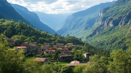 A picturesque mountain village nestled in a lush valley