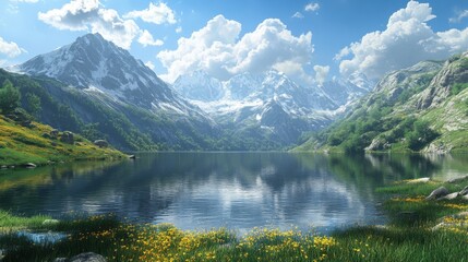 Fototapeta premium A tranquil mountain lake surrounded by snowcapped peaks and lush meadows
