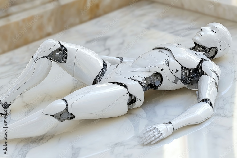 Poster high tech robotic figure lying down a study in modern robotics and passive states in machine design