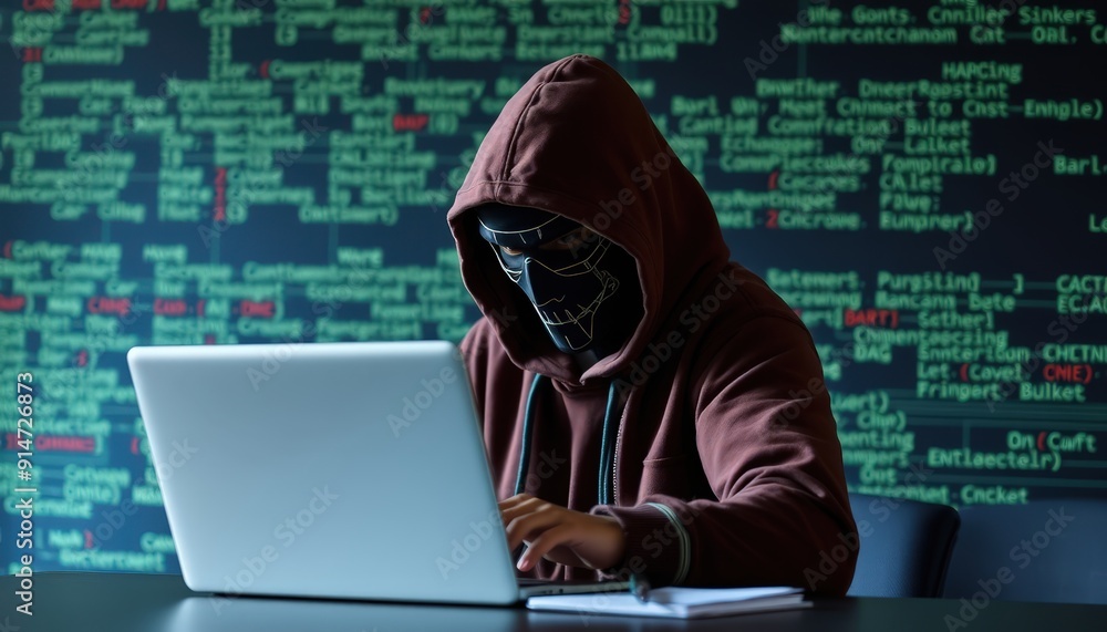Poster hacker typing on laptop with mask.