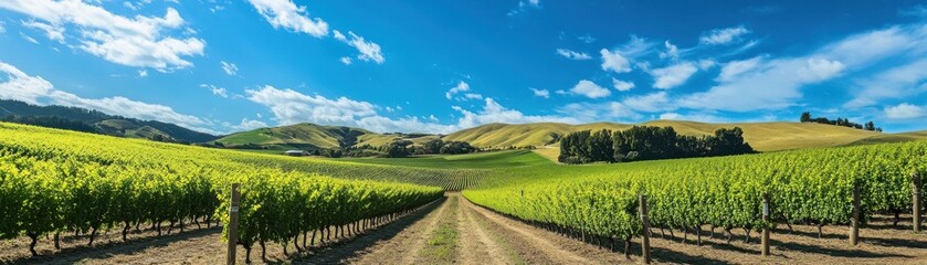Fototapeta premium A picturesque vineyard with rolling hills and a bright blue sky