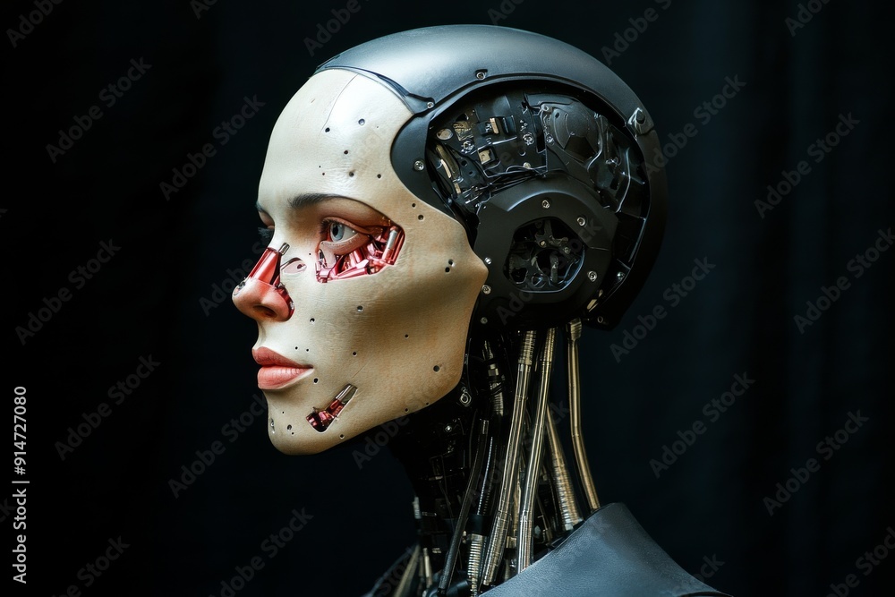Poster hyper realistic female android head exploring the intersection of human emotion and artificial intel