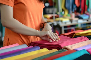 Woman choosing fabric in a colorful store.