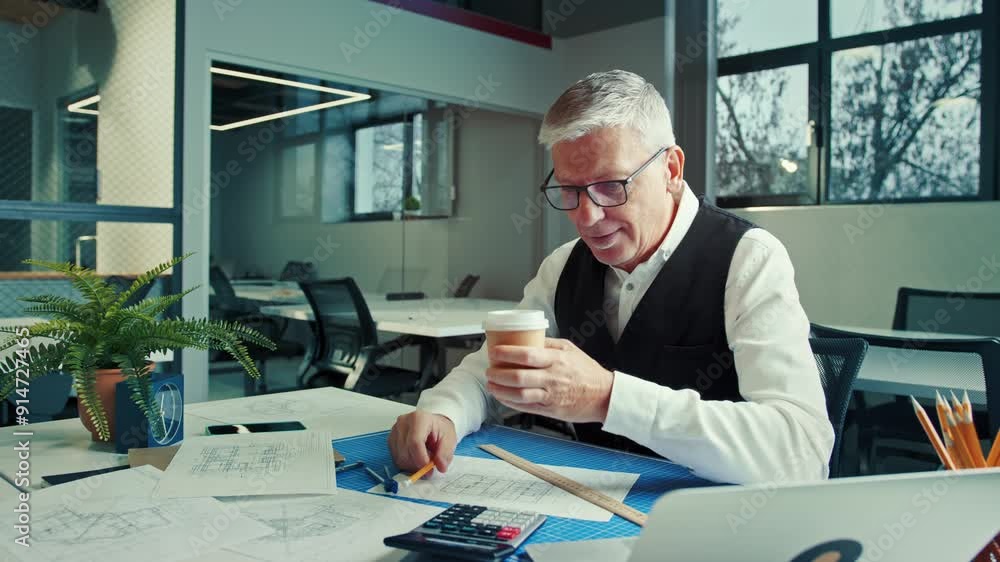 Aufkleber senior architect discussing design concepts while enjoying coffee in modern office setting