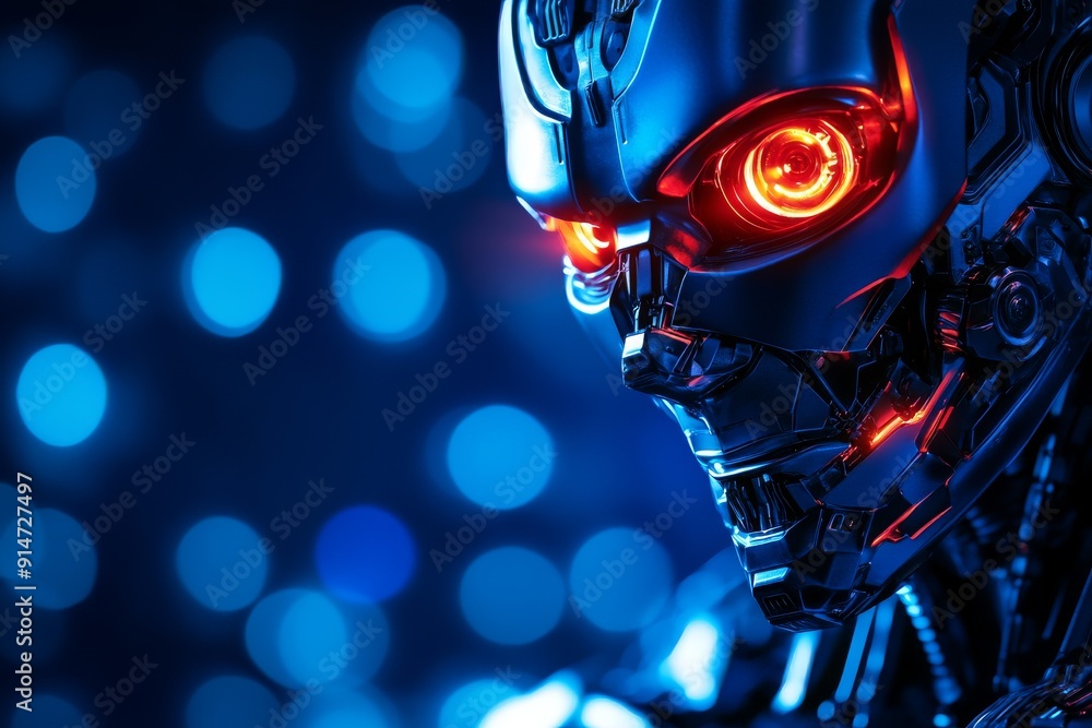 Poster red eyed robotic portrait with blue background emphasizing fierce intelligence and advanced technolo