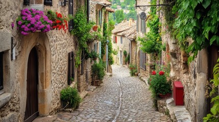 Fototapeta premium A picturesque village with cobblestone streets and historic architecture