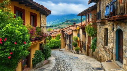 Fototapeta premium A picturesque village with cobblestone streets and historic architecture
