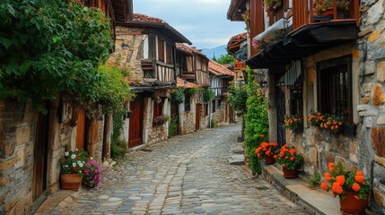 A picturesque village with cobblestone streets and historic architecture