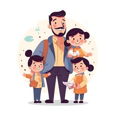 Happy Father And Three Children Standing Together Illustration