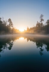 Obraz premium Sunrise Over Foggy Lake with Tree Reflections.