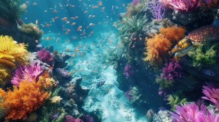 Naklejka premium Underwater Scene with Coral Reef, Fish, and Turtle