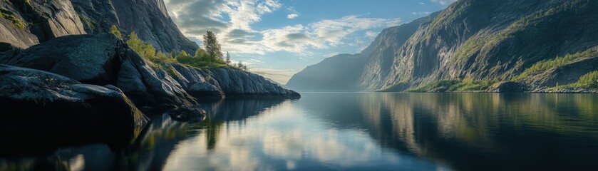 Obraz premium A tranquil fjord with steep, rocky cliffs and calm, reflective waters
