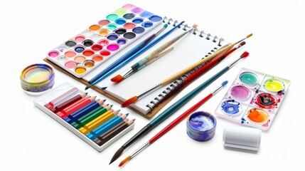 A collection of art supplies including paintbrushes, watercolors, and sketchpads, isolated on a white background, showcasing creativity tools.