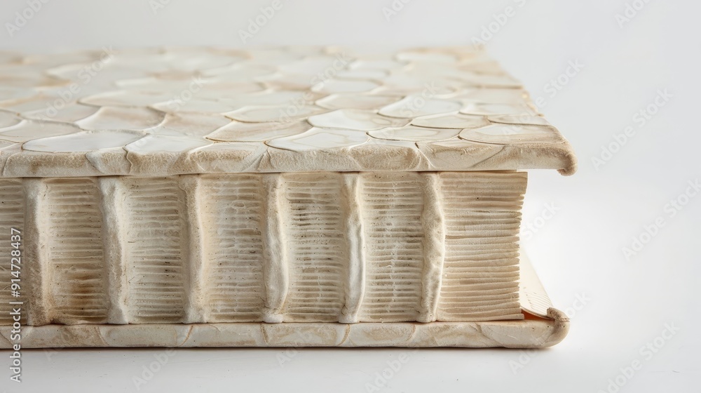 Poster a detailed image of a book with a unique spine design and textured cover, displayed against a white 