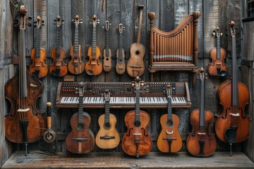 Naklejka premium Assortment of diverse musical instruments on rustic wooden background, top view flat lay composition