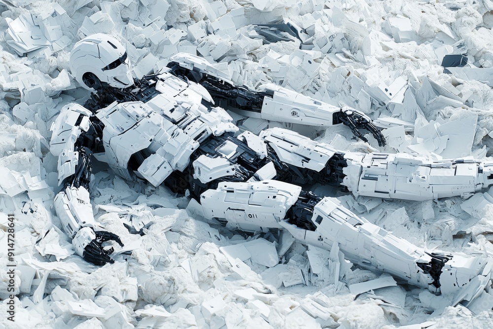 Poster crumbled robotic figures in snow symbolizing defeat and technological fragility in harsh environment