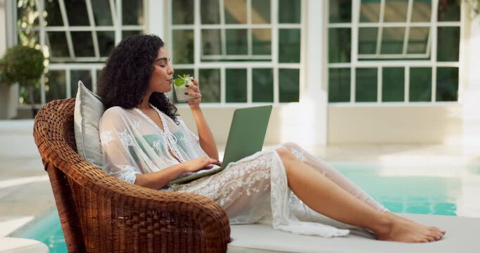 Cocktail, laptop and relax with woman poolside at hotel for accommodation or hospitality on holiday. Computer, drink and smile with happy tourist at luxury lodge or resort for travel and vacation